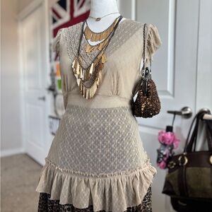 Beige Ruffled Knit Top with V-Neck Detail